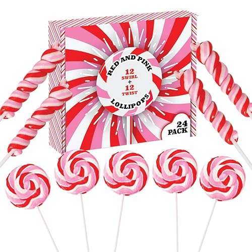 24 Red, Pink and White Lollipops Individually Wrapped - 18g Swirl and 12g Twisty Suckers