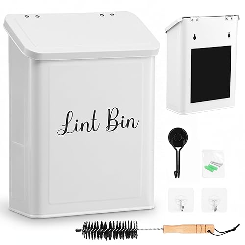 TIRIA Magnetic Lint Bin for Laundry Room, Metal Dryer Lint Trash Can Box with Lid, Wall Mounted Lint Collector Includes Nylon Brush, Exclusive Black
