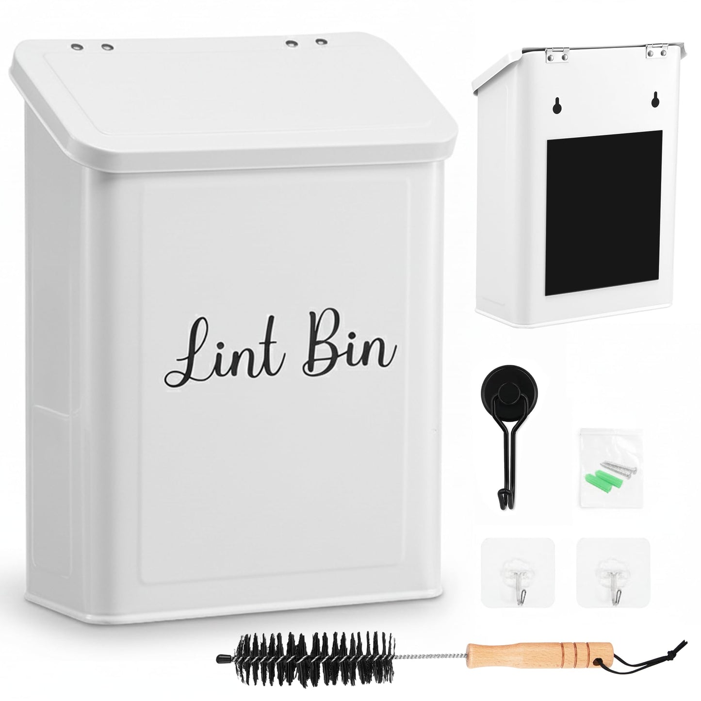 TIRIA Magnetic Lint Bin for Laundry Room, Metal Dryer Lint Trash Can Box with Lid, Wall Mounted Lint Collector Includes Nylon Brush, Exclusive Black