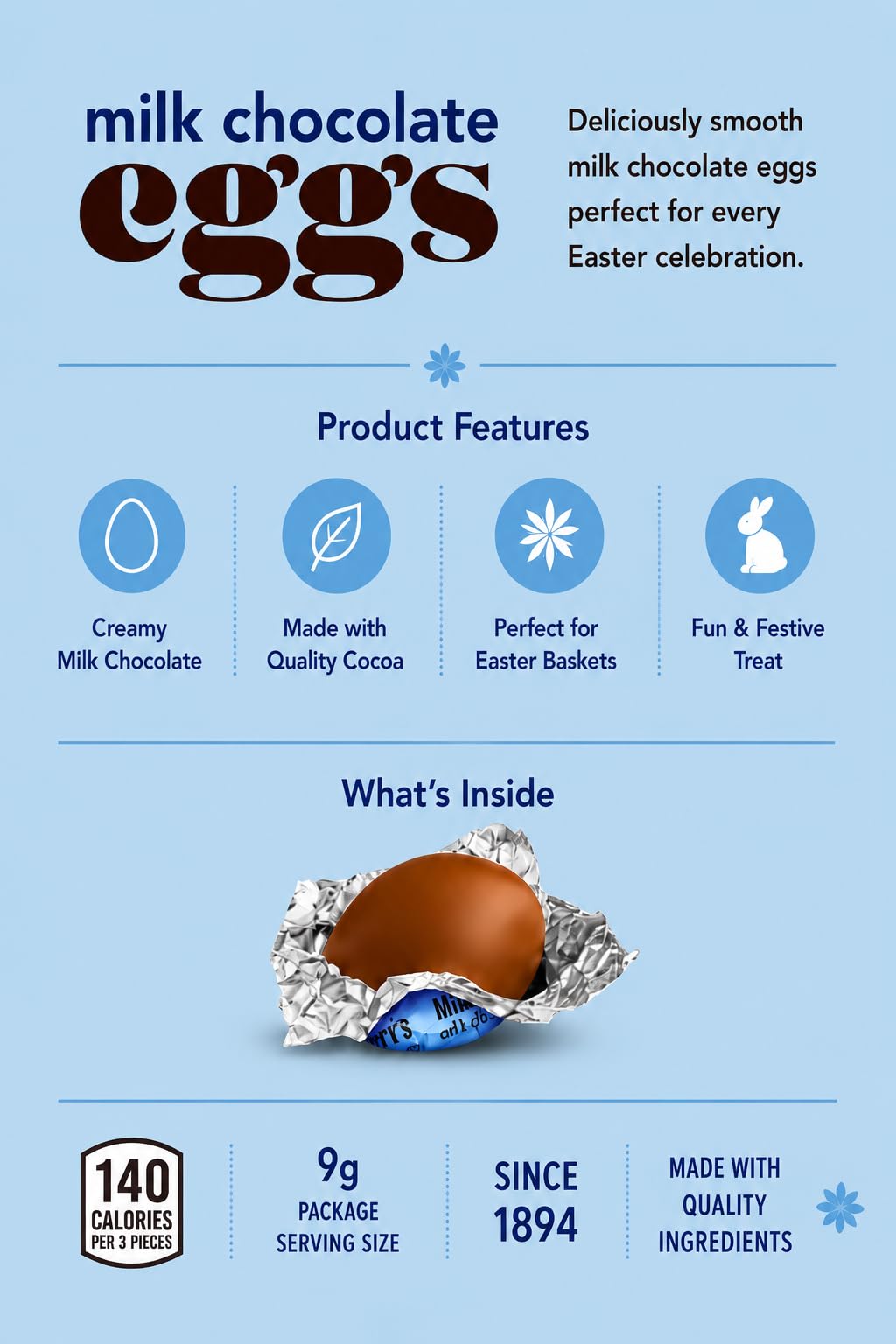 Hers,heysMilk Chocolate Eggs Candy 45 pcs (9 Oz) Bag Individually Wrapped Chocolate Egg Candy Bowls Party Favors Egg Hunts
