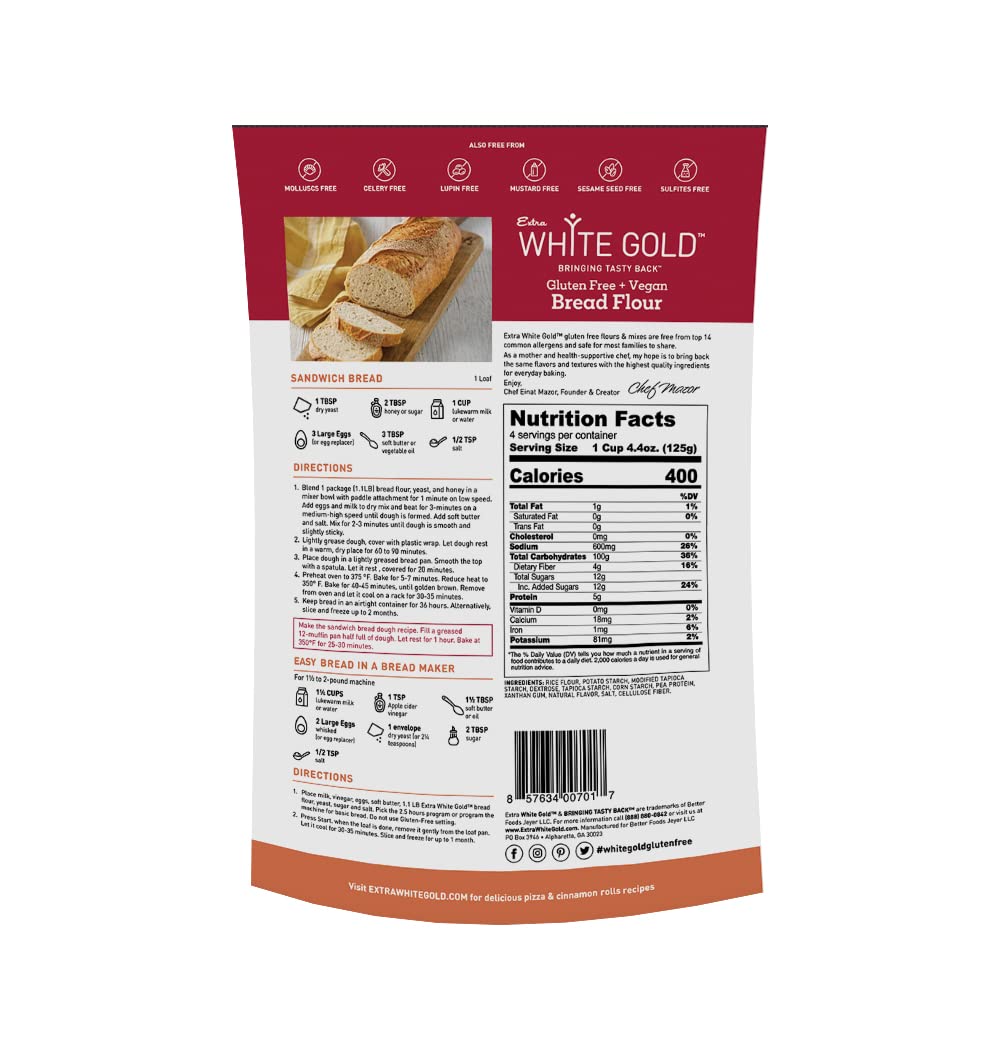 Extra White Gold Gluten Free Bread Flour Blend - Kosher, Vegan Recipe For Breads, Yeasted Pastries , Pizza, Focaccia - Wheat, Soy, Nut and Dairy Free - 1.1 Pound