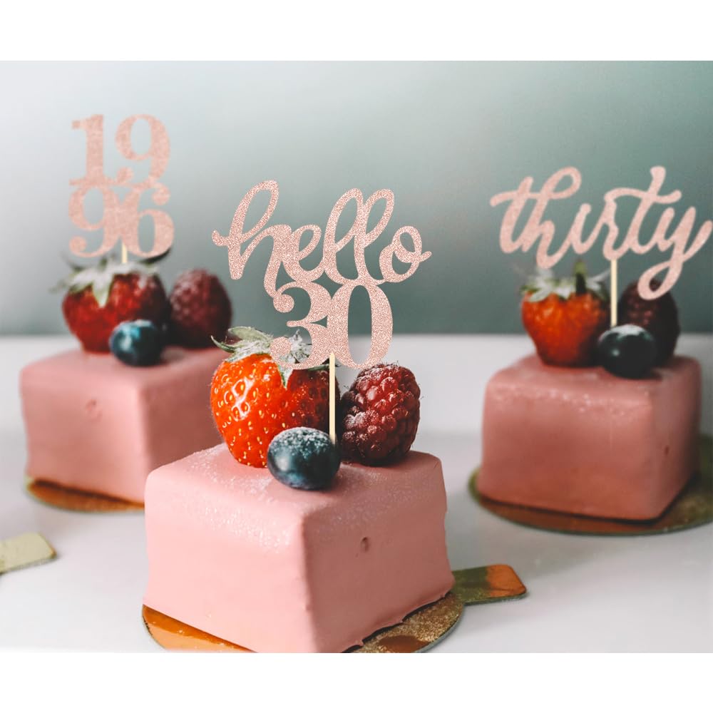 24 Pcs Rose Gold Glitter 30th Birthday Cupcake Toppers for 30th Anniversary Birthday Party Wedding Party Decorations