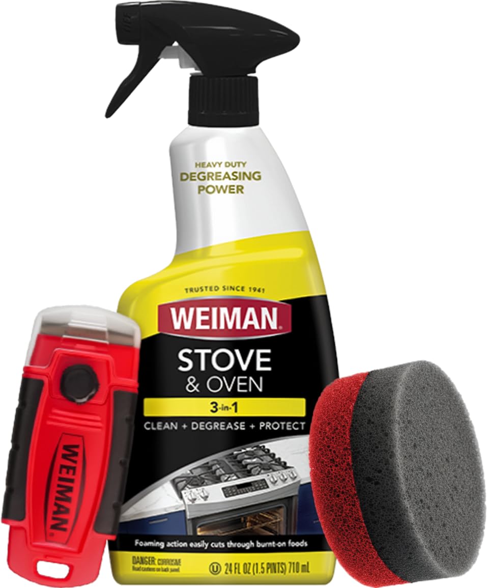 Weiman Heavy Duty Stove and Oven Cleaner 3 Piece Total Clean Kit, For Baked on Grease, Grime, Carbonized Food, Includes Foaming Cleaner (24oz)