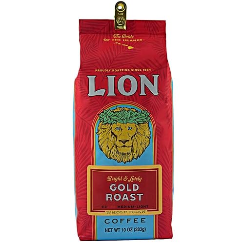 Lion Coffee Gold Roast Whole Bean Coffee, Medium-Light Roast, A Taste of Aloha - 10 Ounce Bag
