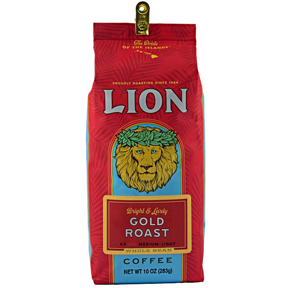 Lion Coffee Gold Roast Whole Bean Coffee, Medium-Light Roast, A Taste of Aloha - 10 Ounce Bag