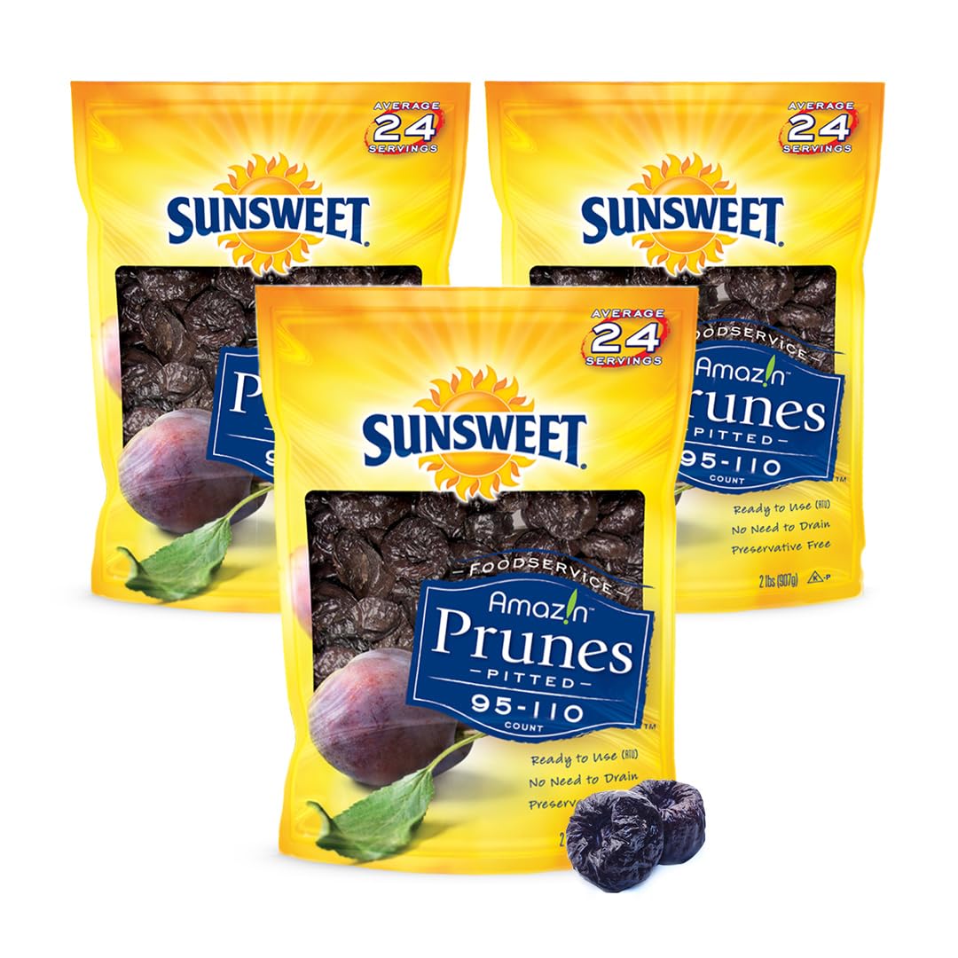 Sunsweet Amazin' Pitted Prunes - Dried Prunes Pitted Unsweetened - Gluten Free, Vegan, Low Fat - Fiber & Minerals - 2lb Resealable Bag x 3 Pack