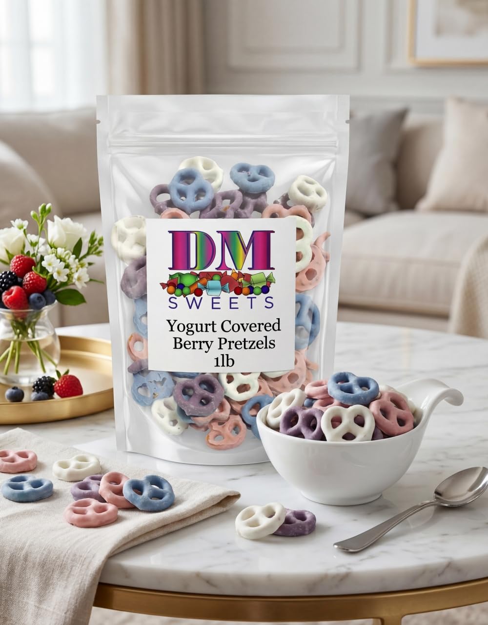 Yogurt Covered Pretzels - 1 lb Bulk Bag - Assorted Fruit Flavors: Blueberry, Raspberry, Strawberry & Vanilla - Sweet & Crunchy Snack