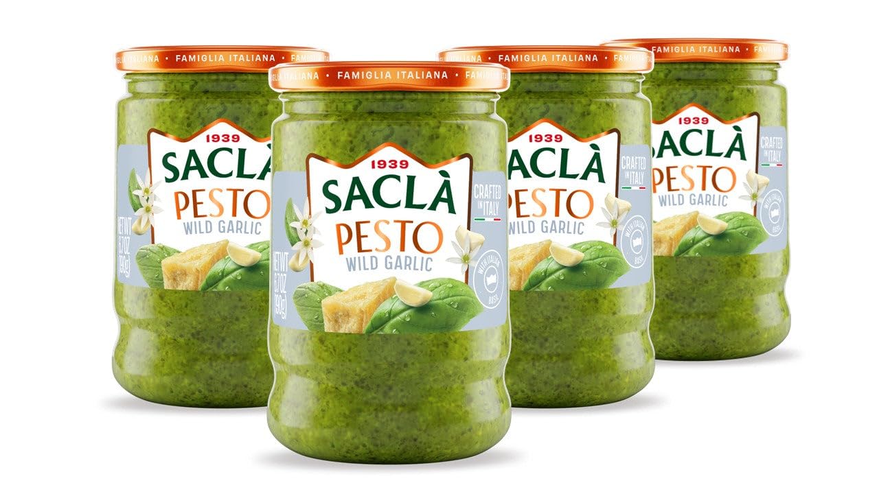 SACLA Wild Garlic Pesto Sauce 4-Pack | Basil & Wild Garlic Italian Pesto with Parmigiano Reggiano & Pecorino Romano Cheeses | FOUR 6.7 oz Glass Jars |