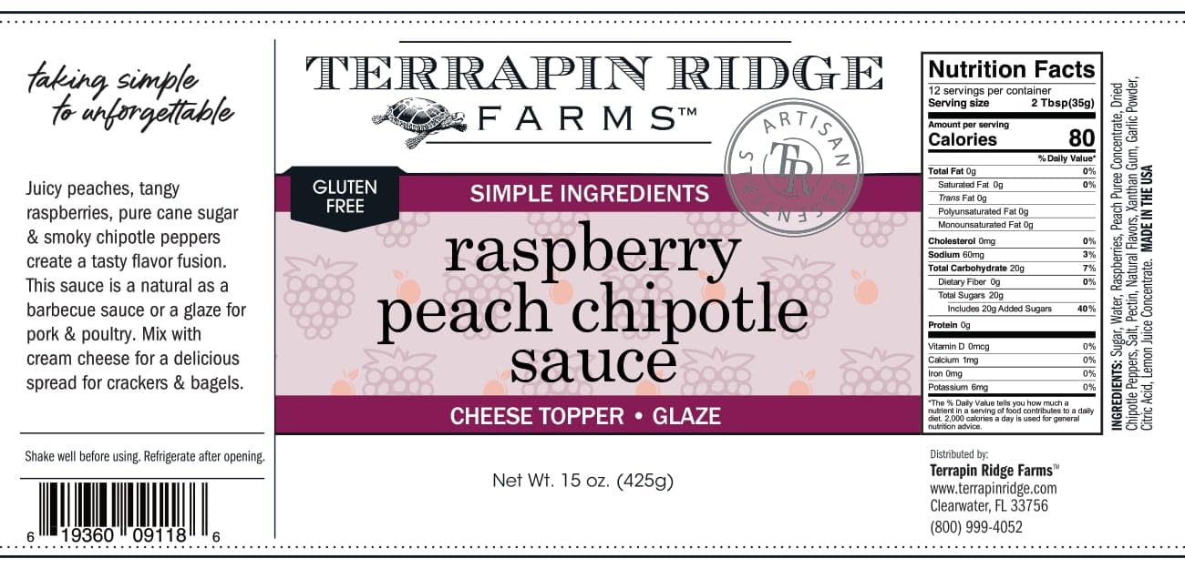 Terrapin Ridge Farms Raspberry Peach Chipotle Sauce - Sweet & Smoky BBQ Glaze and Spread - 15 Fl Oz Bottle