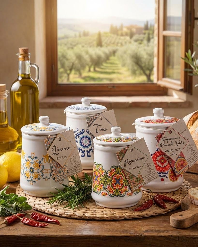 Dried Whole hot Chili Peppers in Italian Handmade Ceramic Jar, Herb, Spice & Seasoning Gifts, ARTIGIANI DEI SAPORI, Product of Italy, Net Weight 0.7