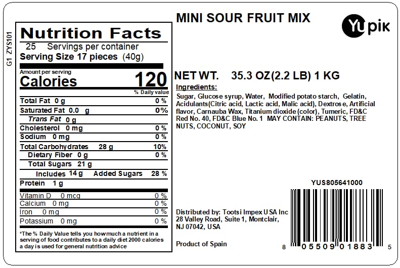 Yupik Mini Sour Fruit Mix, 2.2 lb (35.2 oz), Non-GMO Colorful Gummy Fruit Salad with Juicy Pears, Bananas, Oranges, & More, Dusted in Sour Sugar for a