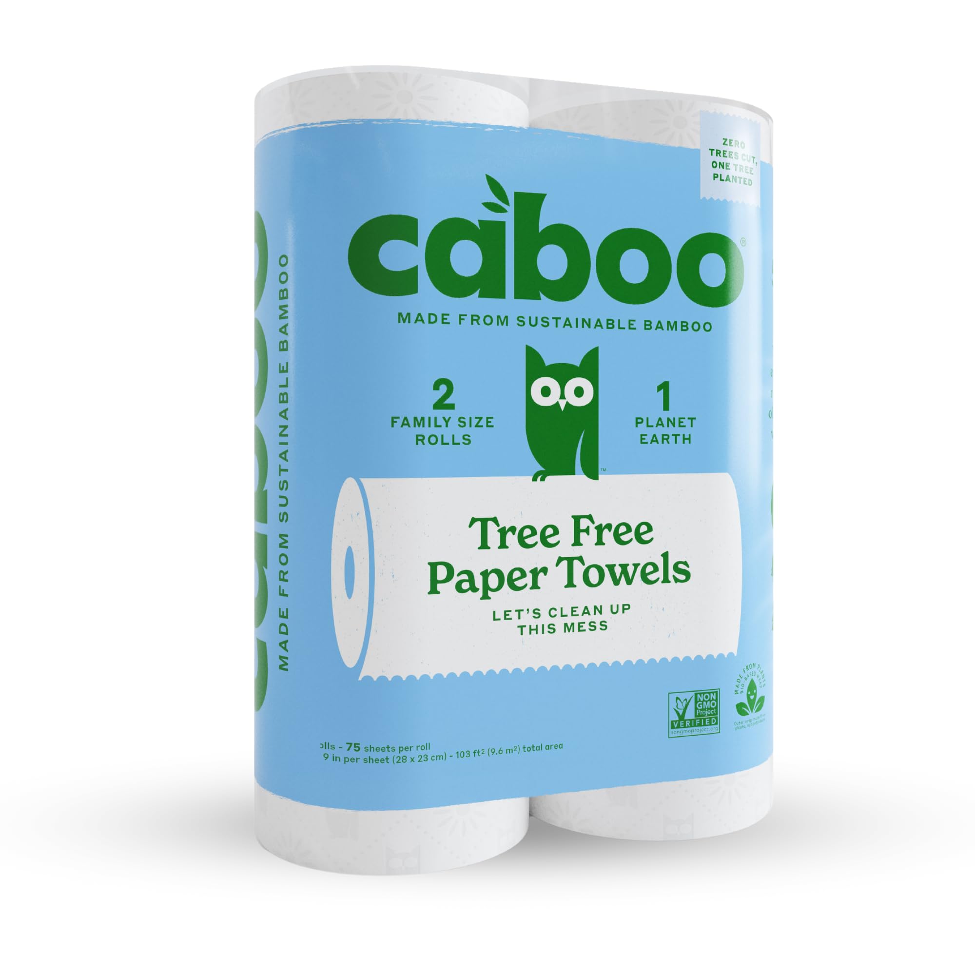 Caboo Tree Free Paper Towels, 2 Rolls, Tree Free, Plastic Free, Earth Friendly, Sustainable Kitchen Paper Towels with Strong 2 Ply Sheets