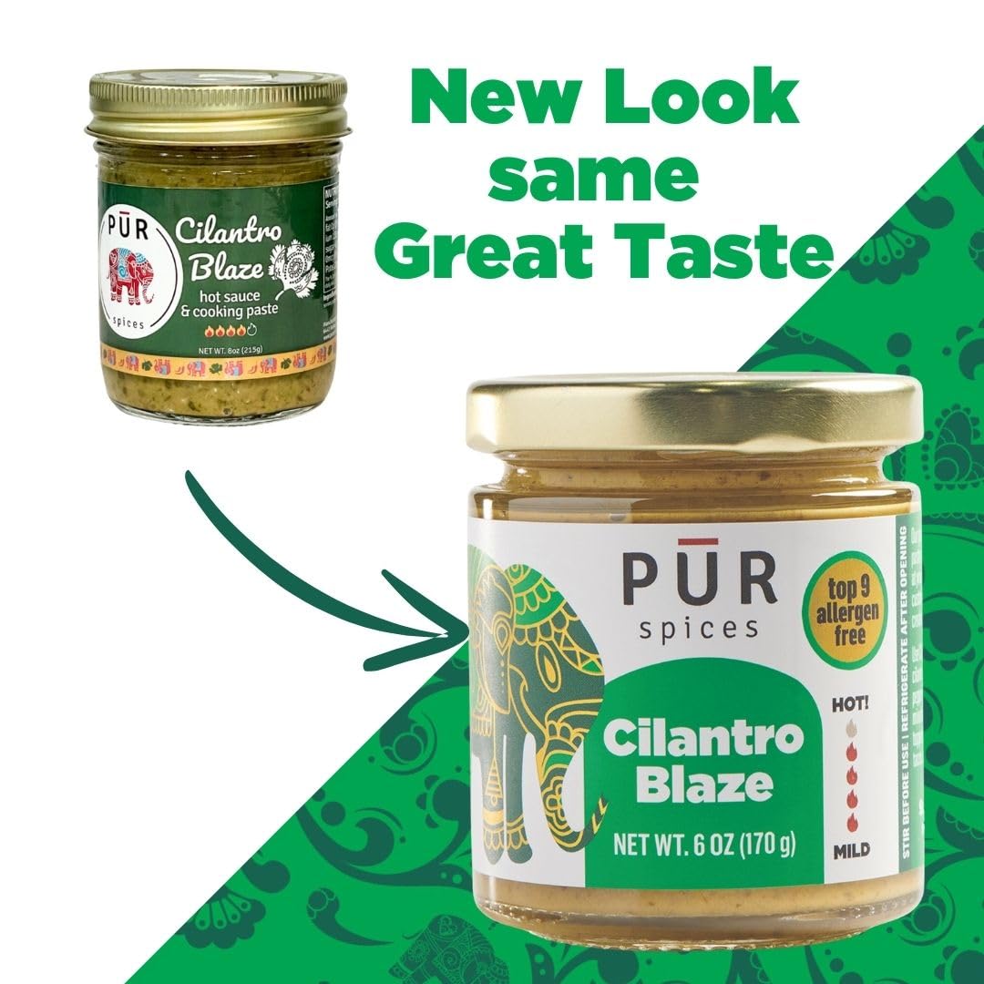 PUR Spices Cilantro Blaze I Hot Sauce & Tangy Cilantro Chutney I Fresh Cilantro, Garlic, Lime and Hot Peppers I Plant Based, Gluten Free, No Sugar