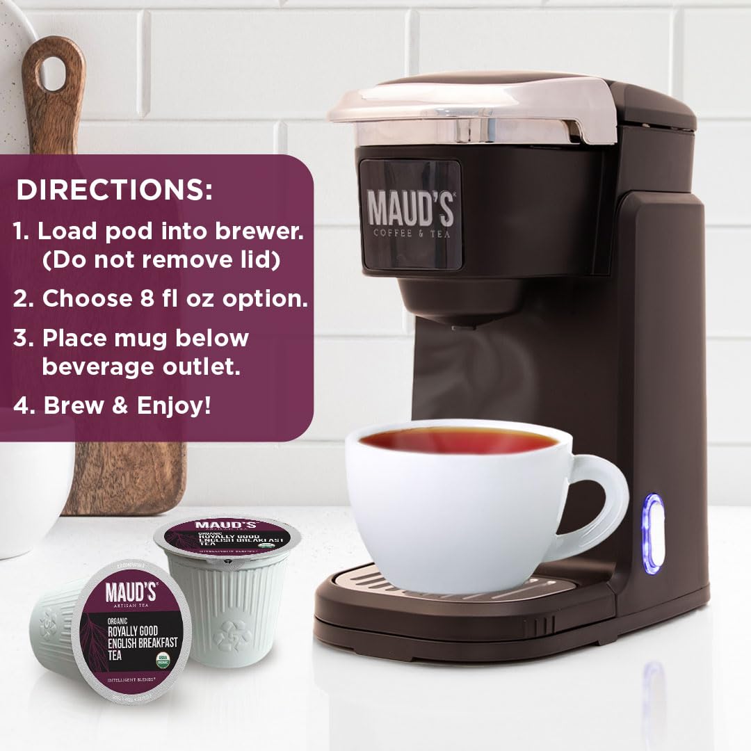 Maud's Organic English Breakfast Black Tea Pods, 48 ct, Single Serve Pods - 100% Gourmet Blended Tea Leaves, Compatible with Keurig K Cups Maker