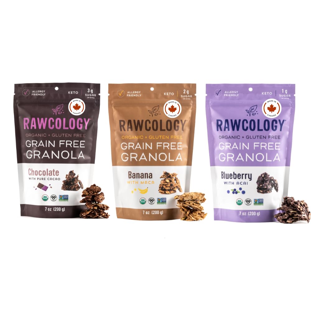 Rawcology Organic, Keto, Grain Free Raw Crunch Granola Variety Pack - Blueberry, Chocolate, Banana 3 x 200 Gram Pack