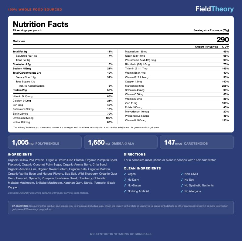 Field Theory Whole Food Nutrition Shake | Vanilla Bean & Nut | 26g Plant Protein, 11g Fiber, 25 Vitamins and Minerals from Whole Food Ingredients |