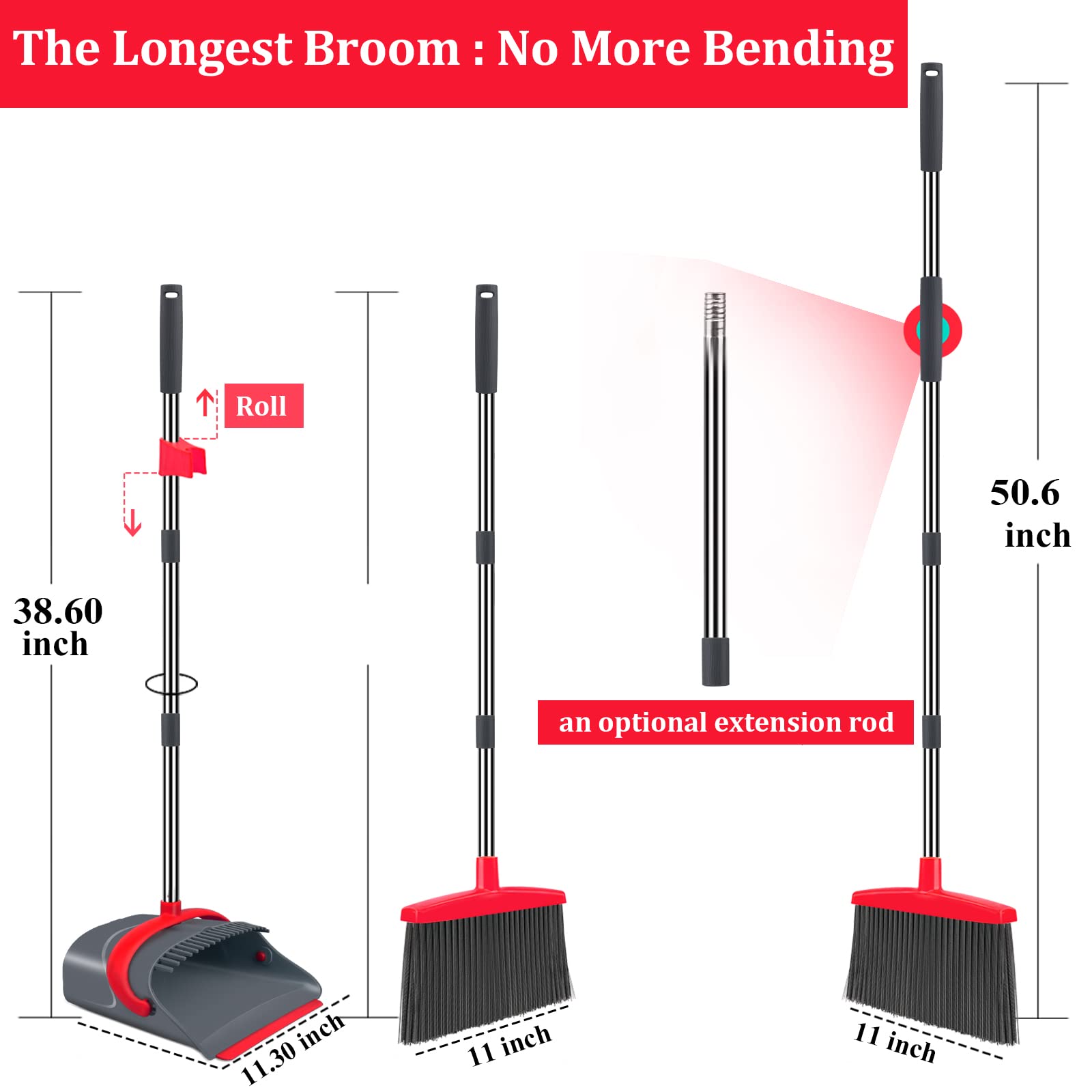 Ivandar Broom and Dustpan Set,Broom with Dustpan Combo Set Dust pan with Long Handle, for Home Kitchen Room Office Lobby Floor Use Upright Stand