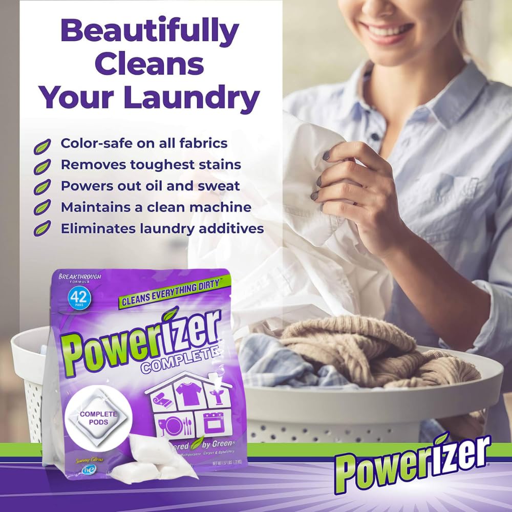 Powerizer Complete Multipurpose Cleaning Pods - Plant and Mineral Based Concentrated Laundry & Dishwasher Detergent | 42 Count | All-in-One Cleaning