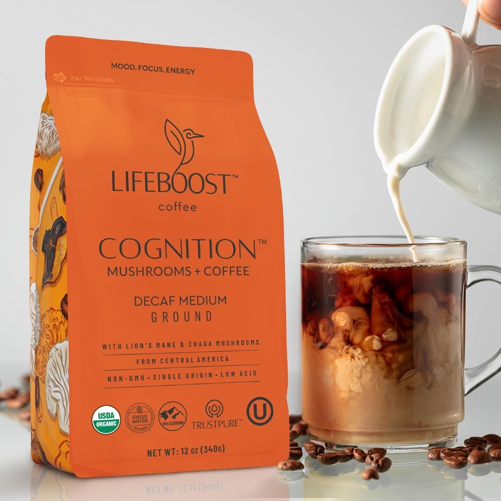 Lifeboost Cognition Decaf Focus Coffee for Calm Energy - Lion’s Mane Mushroom Coffee with Chaga - Organic Medium Roast Decaf Nootropic Coffee - Low