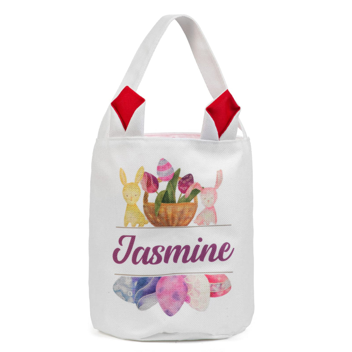 JewelOra Personalized Easter Bunny Basket Bags, Cotton Customized Name Candy Egg Basket Rabbit Print Buckets Cute Easter Basket Toys Bucket Tote Gift