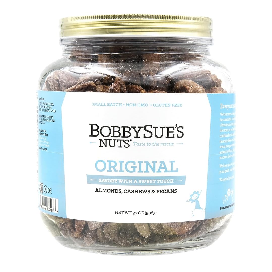BobbySue's Nuts Original Style, All Natural, Healthy Snack, Gluten Free, Low Sugar, and High Protein Nuts Mix of Almonds, Cashews, Pecans, 32 Oz, 1
