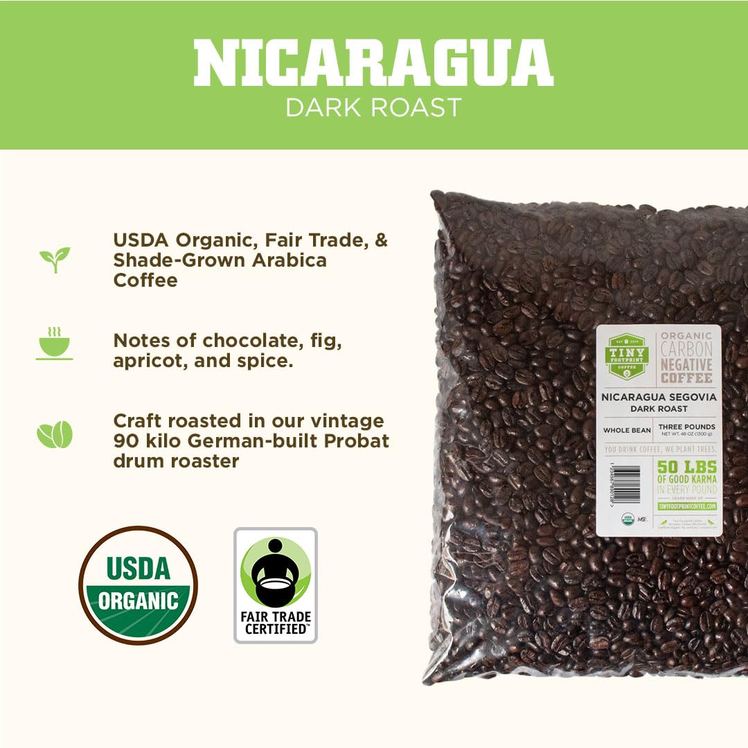 Tiny Footprint Coffee - Fair Trade Organic Nicaragua Segovia Dark Roast | Whole Bean Coffee | USDA Organic | Fair Trade Certified | Carbon Negative |