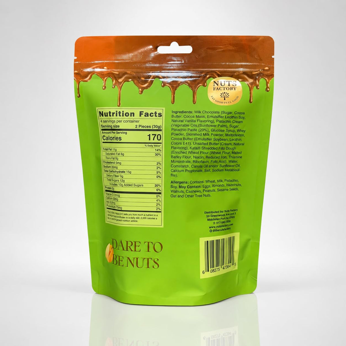 Nuts Factory Dubai Style Milk Chocolate Cups, Pistachio Cream & Crispy Kataifi Filling, Gourmet Filled Chocolate Dessert Treats, Resealable Pouch, 4.8