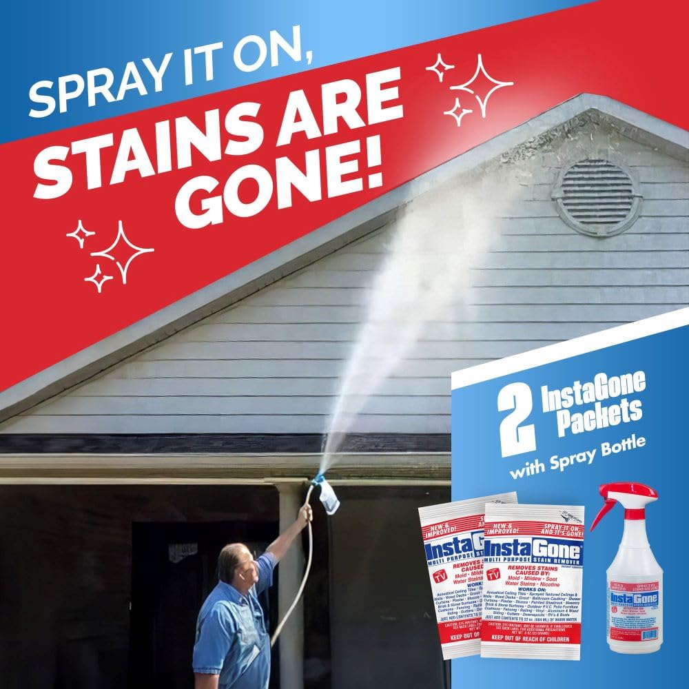 INSTAGONE Stain Remover - RETAIL (2 Pack + 24oz Spray Bottle) - Just Add Water - Indoor/Outdoor Ceiling, Wall, Bathroom, Roof, PVC Fence, Patio