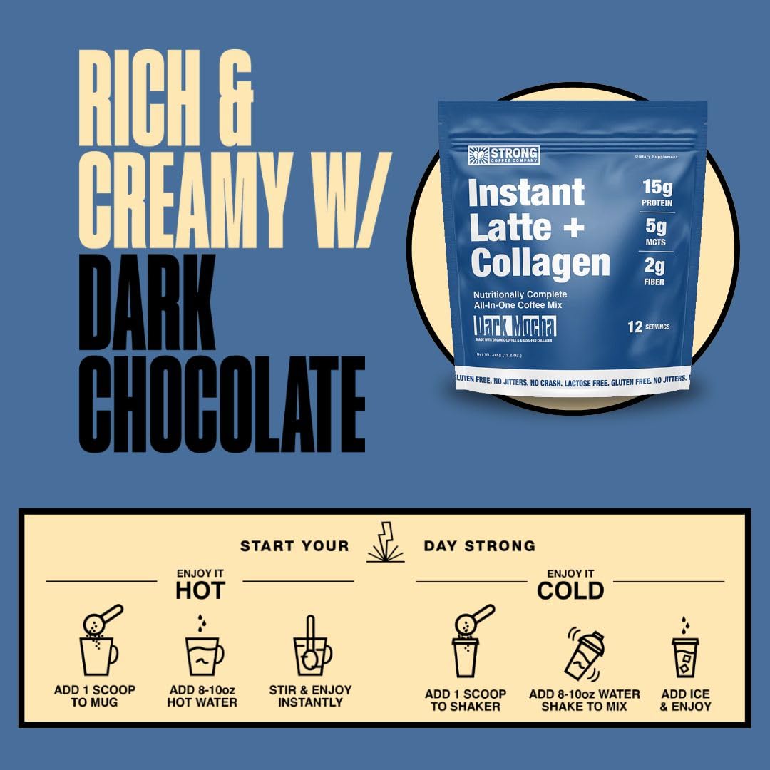 STRONG Coffee Co. Dark Mocha Instant Latte | Organic Coffee with Collagen Protein | Lion’s Mane & L-Theanine | Adaptogens & Nootropics | 15 Servings