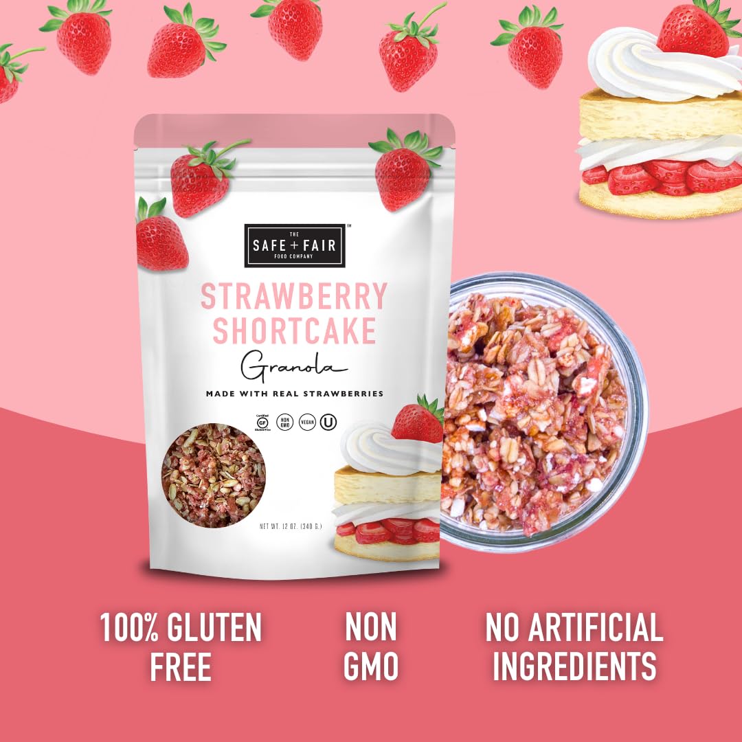 Safe + Fair Strawberry Shortcake Granola - Gluten-Free, Dairy-Free & Vegan Snack - Allergen-Free, Non-GMO, and No Artificial Ingredients - 12oz