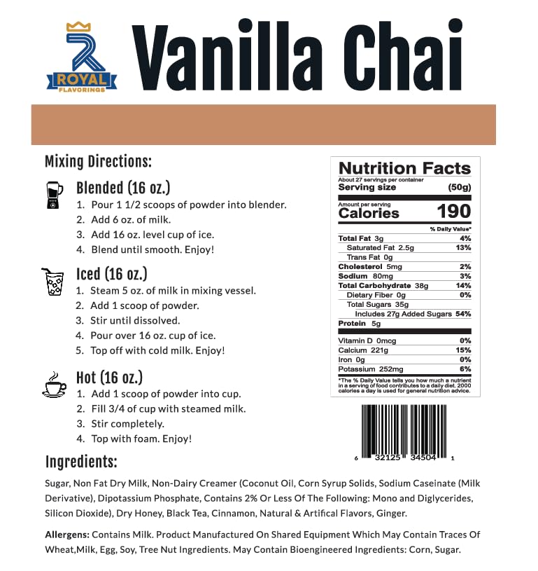 Royal Flavorings Vanilla Chai Premium Flavored Drink Mix for Blended Frappe, Iced or Hot Drinks, Stand up Resealable Bag 3 Lb.