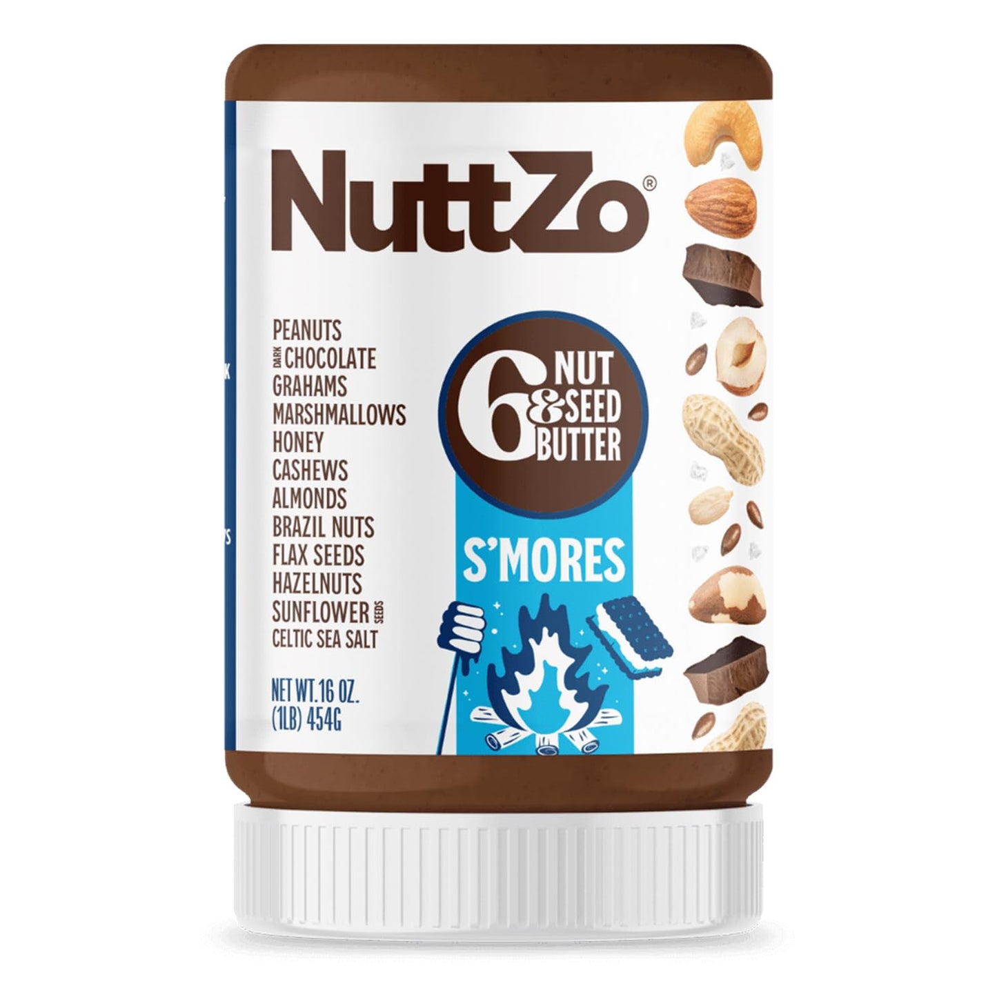 NuttZo S’mores Nut & Seed Butter - 16oz | Creamy Blend with Peanuts, Cashews, Almonds, Graham Crackers, Dark Chocolate & Marshmallows | 5g Sugar, 6g
