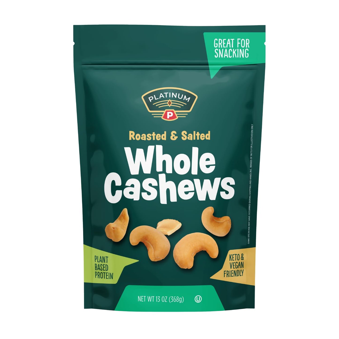 Platinum’s Roasted & Salted Cashews - Plant Based Protein, Fiber, Healthy Snack - Salted and Gently Roasted - Can Bring at Home, Work, Office, Gym