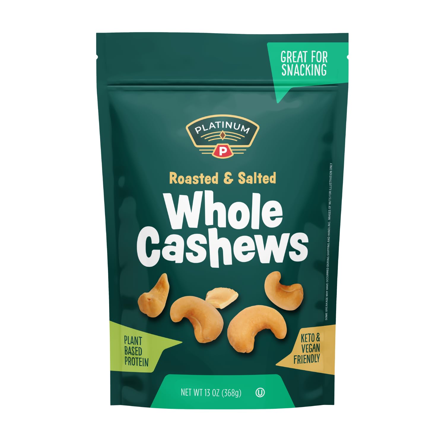 Platinum’s Roasted & Salted Cashews - Plant Based Protein, Fiber, Healthy Snack - Salted and Gently Roasted - Can Bring at Home, Work, Office, Gym