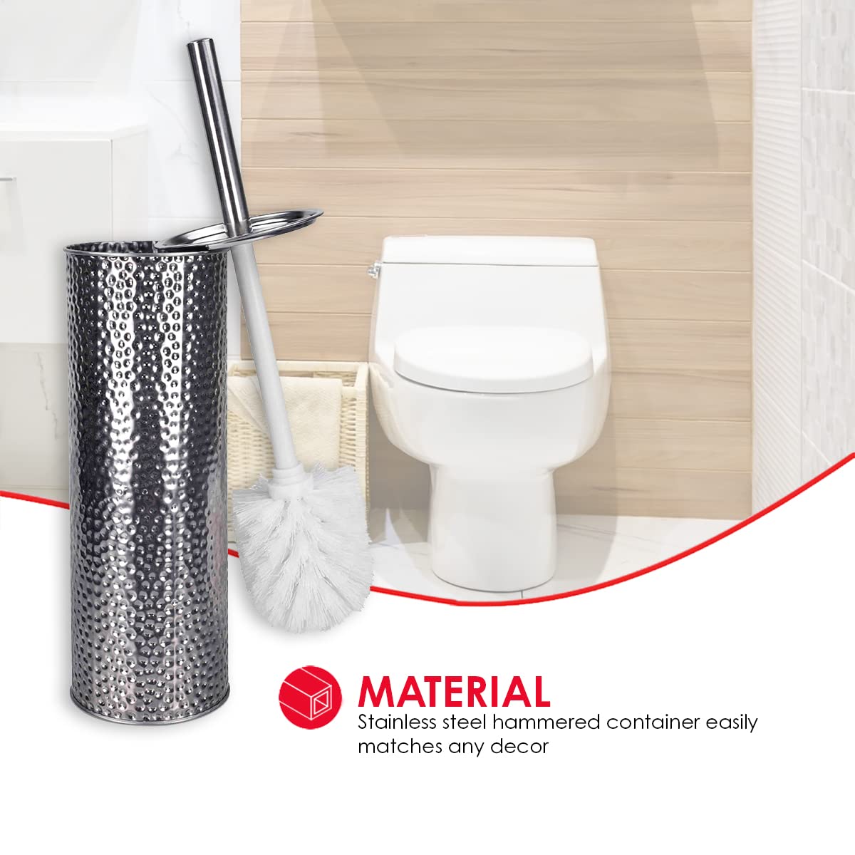 Hammered Toilet Brush Set, By Home Basics | Stainless Steel Toilet Bowl Brush And Holder | Holders For Bathrooms | Chic Toilet Brush Caddy