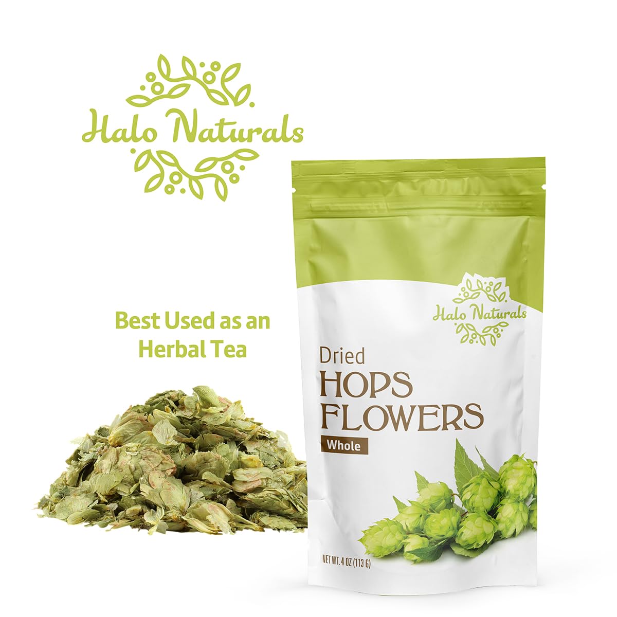 Halo Naturals Hops Flowers Whole, 4 Ounces (Humulus lupulus) Resealable Pouch| Packaged in The USA (Pack of 1)