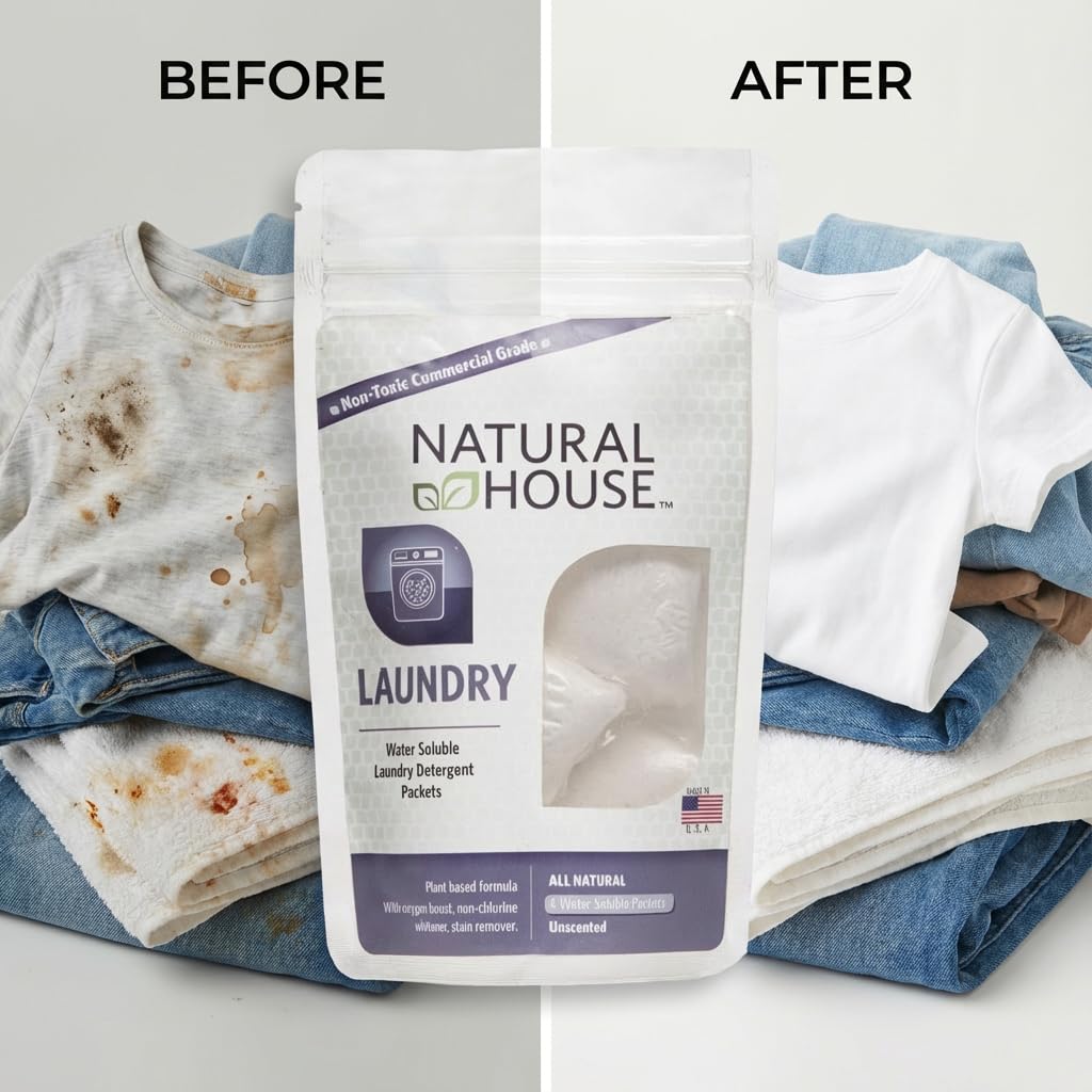 Natural House Laundry Pods - Plant-Based Detergent with Oxygen Boost - Septic-Safe, Plumbing-Friendly - Fragrance Free - 4 Count Trial Pack