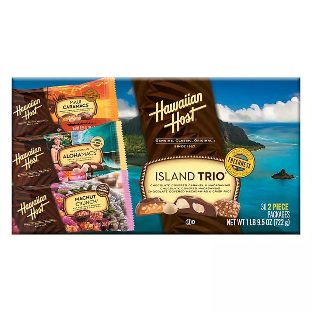 Hawaiian Host Island Trio - Maui Caramacs, AlohaMacs Milk, and MacNut Crunch - Chocolate Covered Macadamia Nut Gift Box - Premium Hawaiian Treats (30