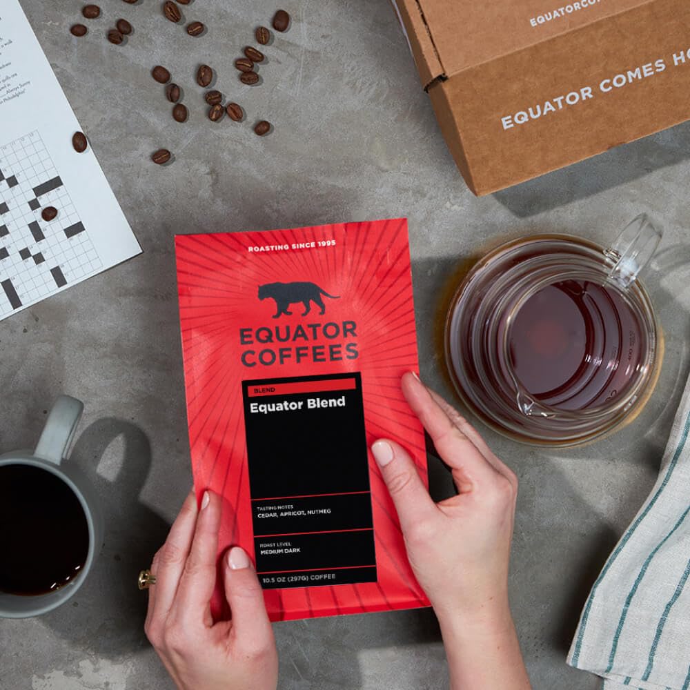 Equator Coffees, Equator Blend Ground Coffee, Medium Dark Roast, Fresh Roasted, Smooth Chocolate & Nutmeg Flavor Notes, Sustainable, 10.5 oz Bag
