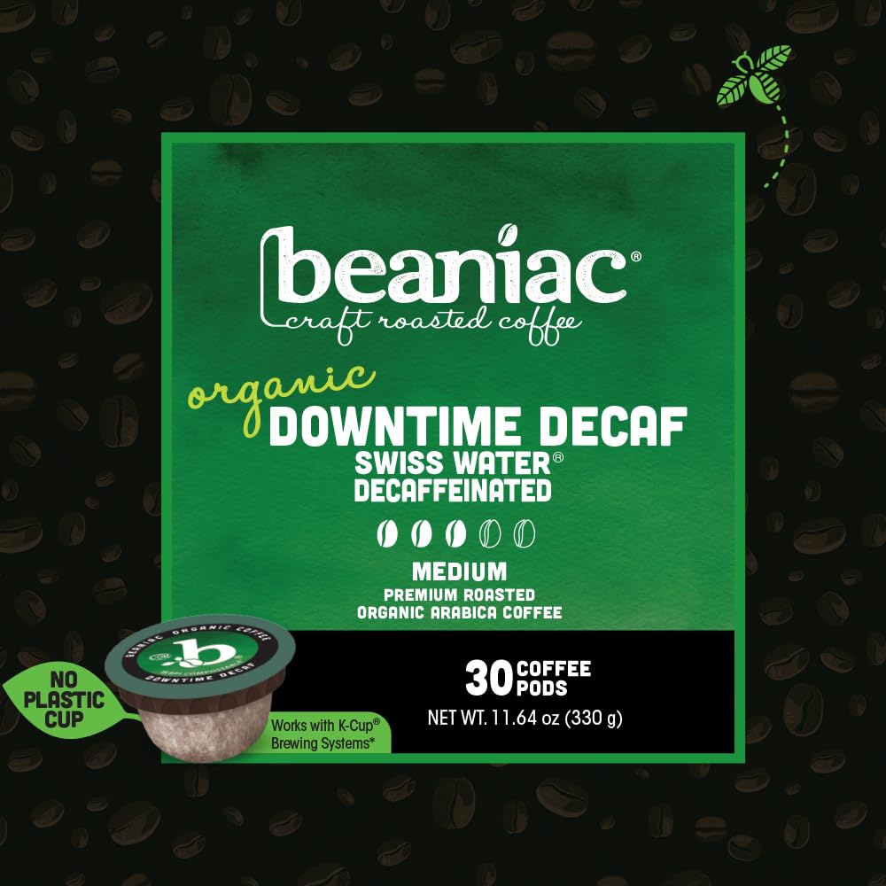 beaniac Organic Downtime Decaf Swiss Water Decaffeinated, Medium Roast, Single Serve Compostable K Cup Coffee Pods, Organic Arabica Coffee, Keurig