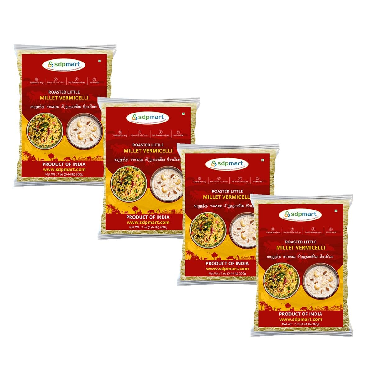 SDPMart Roasted Little Millet Vermicelli | Pack of 4 | 7 oz (200g ) each | Native Variety | No Maida | No Preservatives |