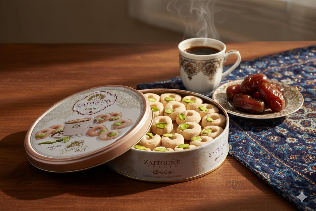 Zaitoune Ghraybeh Cookies - 9 oz | Traditional Middle Eastern Pistachio Shortbreads Handcrafted in Turkey | Beautiful Reusable Gift Tin | Perfect