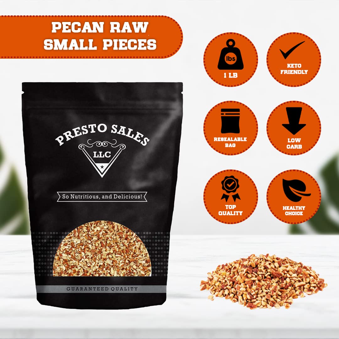 Presto Sales Small Chopped Pecans 16 oz. | Raw, Unsalted, Shelled, Natural | Non-GMO, Keto/Paleo, Vegan | Low-Cholesterol, Low-Fat, Dairy-Free