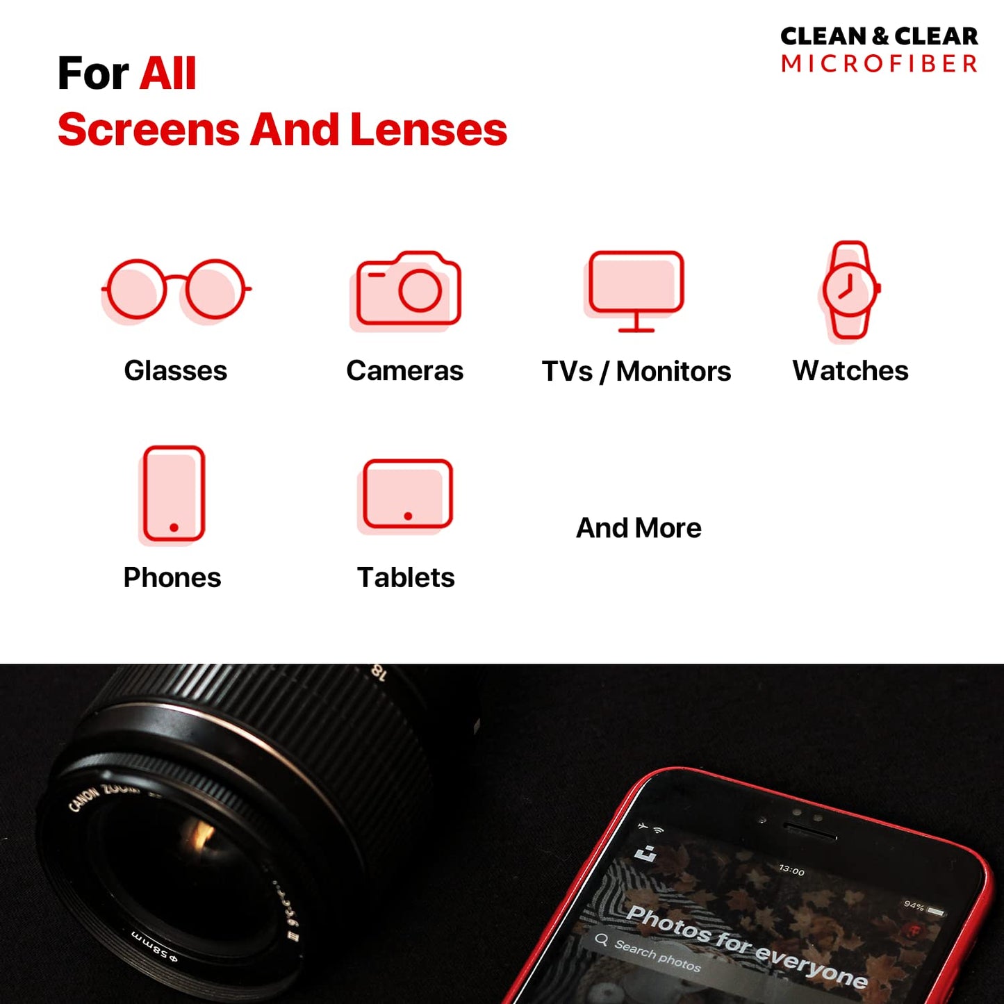 Clean & Clear Microfiber Cleaning Cloth, EXTRA LARGE [6 Pack] ULTRA PREMIUM Microfiber Cleaning Cloth - Microfiber Cloth for Camera Lens, Glasses