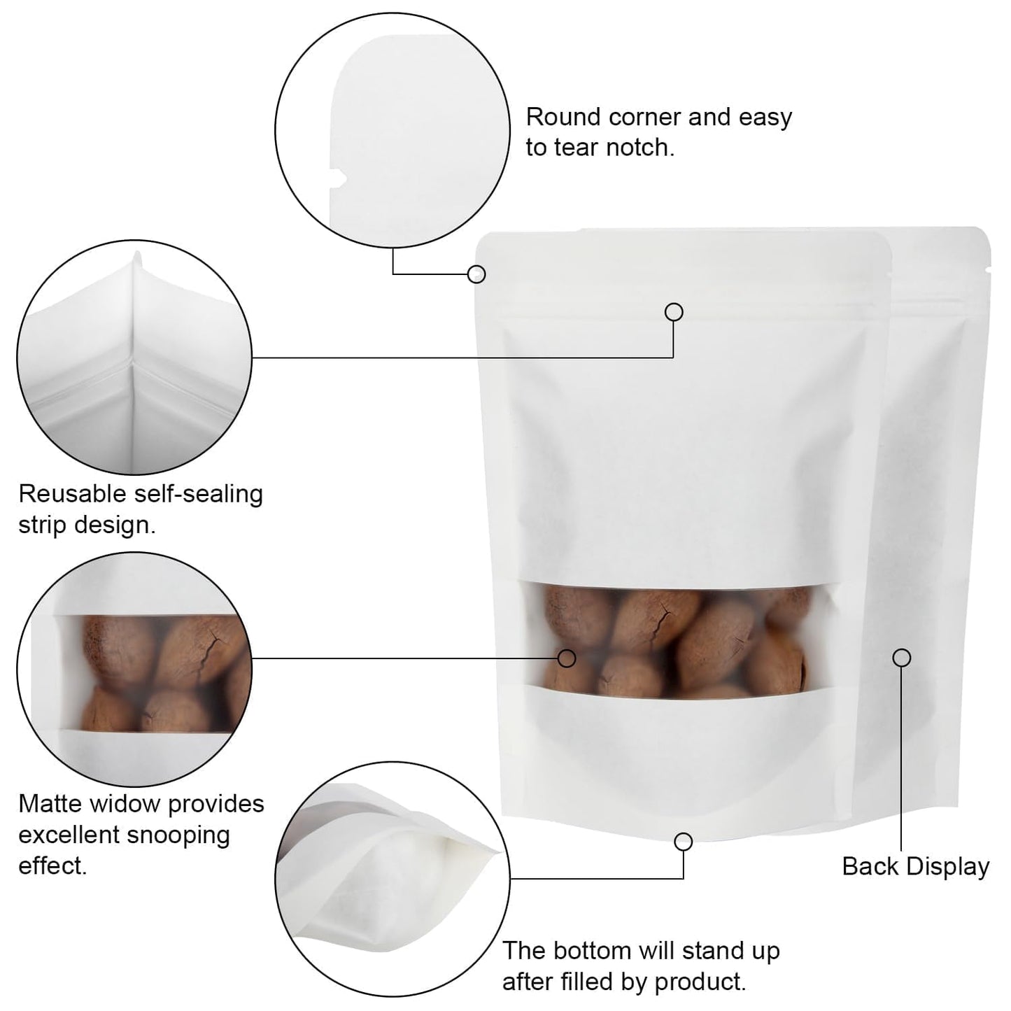 Blisstime 50 Pieces Resealable Bags for Small Business, White Kraft Paper Stand Up Pouches with Matte Window Reusable Heat Sealable Bags for Packaging