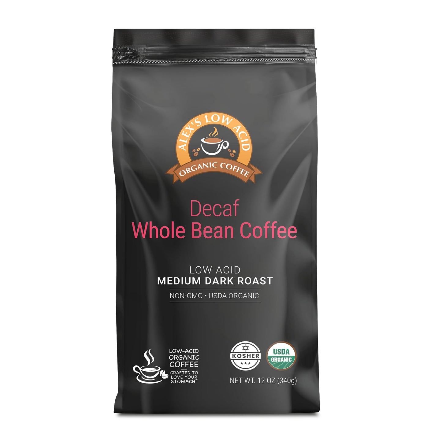 Alex's Low Acid Organic Coffee 12oz Bag - Whole Bean Decaf (Pack of 1)