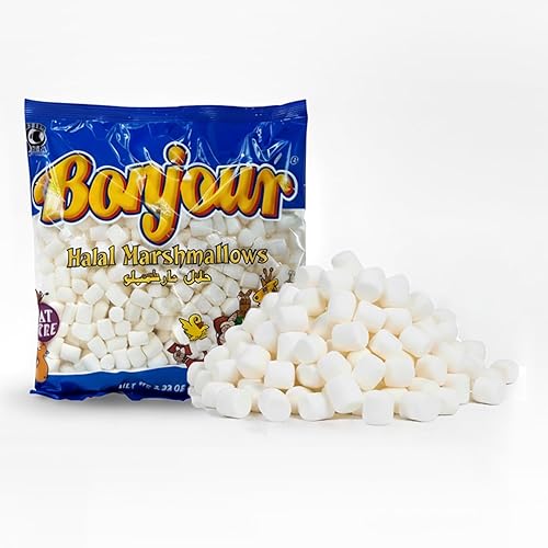 Bonjour Mini Marshmallows - Halal Gelatin, Low Fat & Dye Free Small Marshmallows For Hot Chocolate, Smore, Ice Cream - Vanilla Flavored Soft, Fluffy