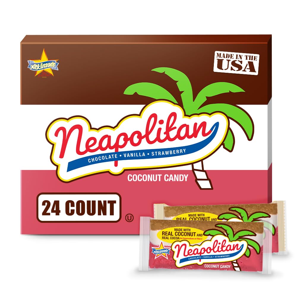Atkinson's Neapolitan Coconut Bar Strawberry Vanilla Chocolate 1.65oz 24ct Pack