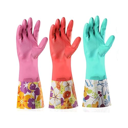 Dishwashing Rubber Gloves 3 Pairs, Aixingyun Non-Slip Household Laundry Kitchen Cleaning Gloves, Reusable PU Waterproof Latex Gloves Gift for Mom