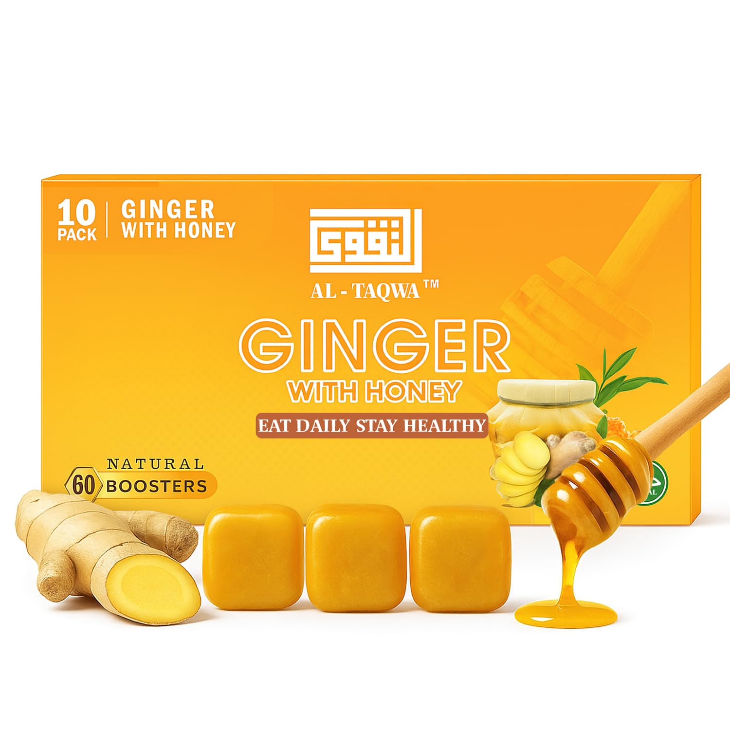 Al Taqwa Ginger with Honey Candy - 10 Pack (60 Natural Boosters) - Hard Candy with Ginger, Honey, Sugar & Corn Syrup - Natural Remedy for Digestion